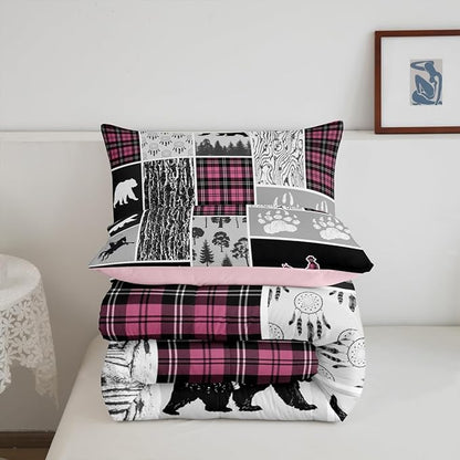 Erosebridal Western Comforter Set King,Bear Horse Cowboy Bedding Set,Pink Geometric Buffalo Grid Quilt,Rustic Famrhouse Duvet Insert Dream Catcher Arrow Decor 3Pcs for Kids Boys Teens Bedroom