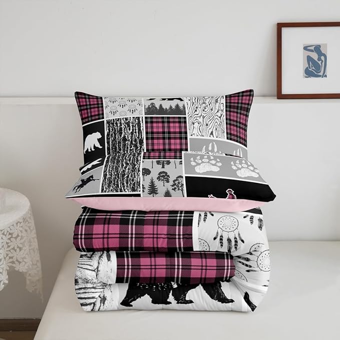 Erosebridal Western Comforter Set Toddler,Bear Horse Cowboy Bedding Set,Pink Geometric Buffalo Grid Quilt,Rustic Famrhouse Duvet Insert Dream Catcher Arrow Decor 2Pcs for Kids Boys Teens Bedroom