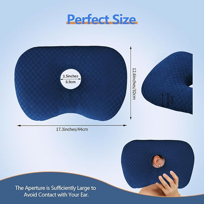 Ear Piercing Pillow for Side Sleepers, Pillow with an Ear Hole for CNH and Ear Pain Ear Inflammation Pressure Sores (Blue, 17.3"x12.6"x2")