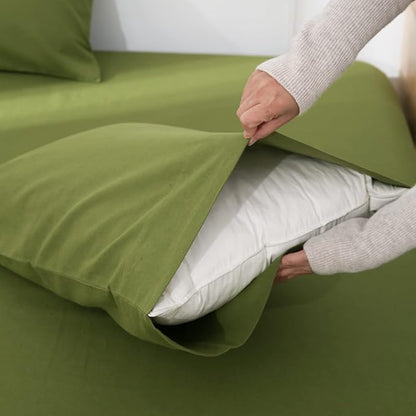 Simple&Opulence Belgian Linen Sheet Set Solid Color - 4 Pieces (1 Flat Sheet, 1 Fitted Sheet & 2 Pillowcases) Natural Flax Cotton Blend Soft Breathable Farmhouse Bedding - Queen Size, Forest