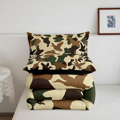 Erosebridal Duck Hunter Duvet Insert Toddler Size Camo Bedding for Kids Army Camouflage Hunting Bedding Comforter Sets Vintage Green Brown Bedroom Decor Wild Animal Duck Rustic Comforter Set