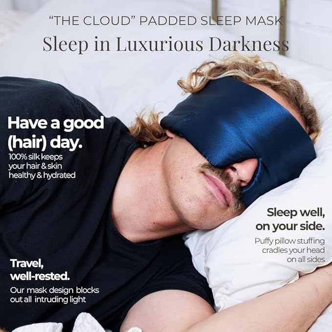 Padded Silk Sleep Mask, Total Blackout Liner Blocks Light, Lightweight, 100% Silk 22 Momme, Soft Lightweight Stuffing Feels Like a Cloud on Your Eyelids (Noble Blue)
