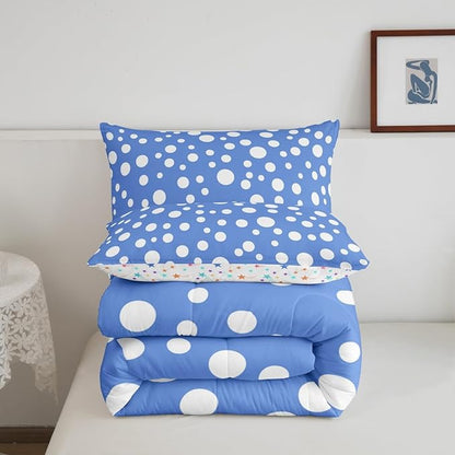 Manfei White Polka Dots Kids Comforter Set,French Style Cute Dots Print Bedding Set All Season,Blue White Simple Geometric Circles Comforter 2 Pcs with 1 Pillowcase,Toddler Size