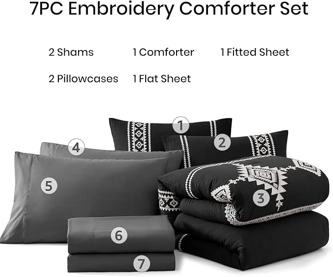 MaiRêve Embroidery Comforter Set, Boho Farmhouse Western Bedding Set, All Season Bed in A Bag Comforter Set with Sheets, Pillowcases & Shams, Black California King 7 Pieces