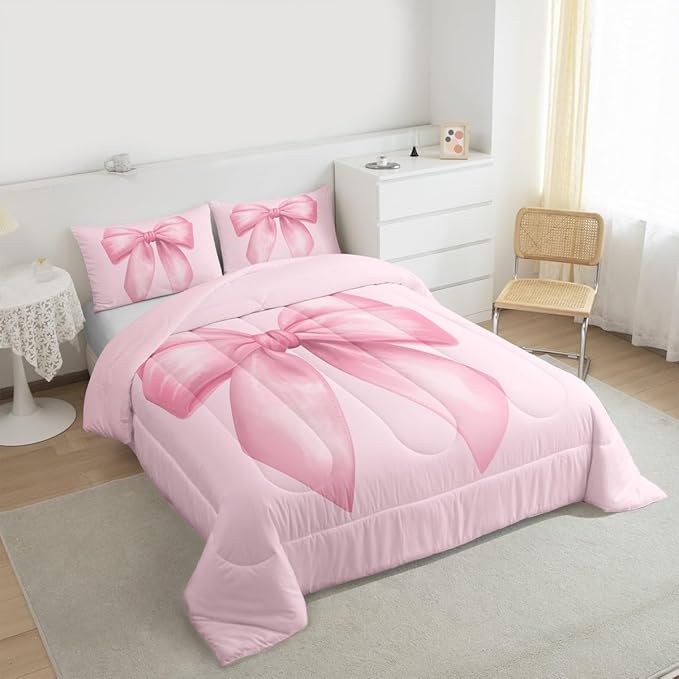 Feelyou Pink Bow Comforter Set All Season Cute Bowknot Bedding Set with 1 Pillow Cases Pricess Style Microfiber Kids Toddler Bedclothes Kawaii Bedroom Decor Duvet Quilt Breathable Soft Lightweight