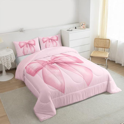 Feelyou Pink Bow Comforter Set All Season Cute Bowknot Bedding Set with 1 Pillow Cases Pricess Style Microfiber Kids Toddler Bedclothes Kawaii Bedroom Decor Duvet Quilt Breathable Soft Lightweight