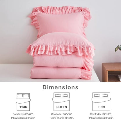 Pink Ruffle Comforter Set Full/Queen Size, 3 Pieces (1 Ruffled Comforter and 2 Pillowcases) Farmhouse Shabby Chic Style with 2 Layers Ruffle, Solid Color Lightweight Fluffy Bedding Sets for All Season