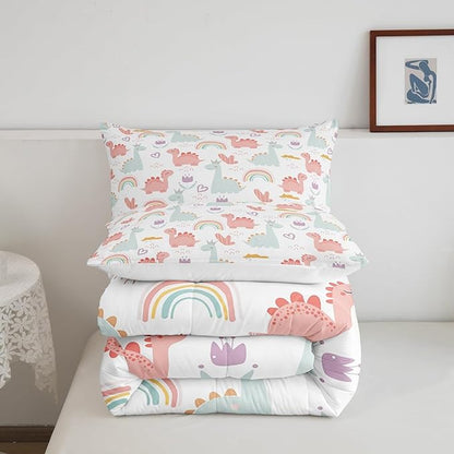 Feelyou Cartoon Dino Comforter Set Twin, Pink Green Dinosaur Comforter Cute Jungle Dino Comforter Set for Kids Boys Girls Cute Rainbow Duvet Set Microfiber Quilt Set