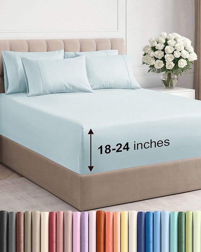 Extra Deep Cal King Sheet Set - 6 Piece Breathable and Cooling Sheets - Hotel Luxury Bedding for Women, Men, Kids & Teens - Easy & Secure Fit - Soft and Wrinkle Free - Extra Deep Pockets - Ice Blue