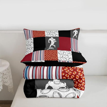 Feelyou Football Kids Comforter Set King Size Rugby Sports Bedding Set Soccer Ball Game Duvet Quilt for Kids Boys Girls Bedroom Gift for Football Lover Decor Orange Red Ultra Soft Breathable