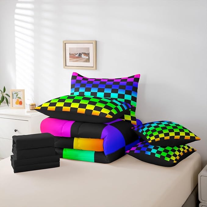 Multicolored Checkered Retro Comforter Set With Sheets 7 Piece King Size Geometric Vintage Bed in a Bag Kids Boys Girls Colorful Bedding Set Modern Groovy Aesthetic Bedroom Decor Breathable Soft