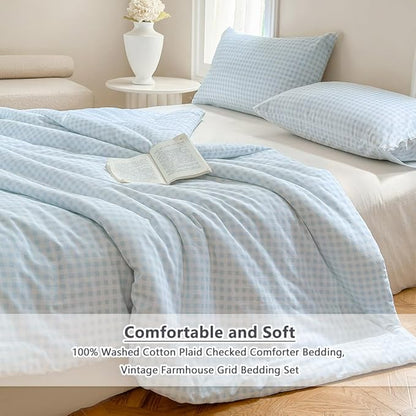 NSNLGSGC Light Blue Gingham Cotton Comforter Set Twin, 100% Washed Cotton Blue Plaid Checked Comforter Bedding, 2 Pieces Vintage Farmhouse Grid Bedding Set(Light Blue Gingham, Twin)