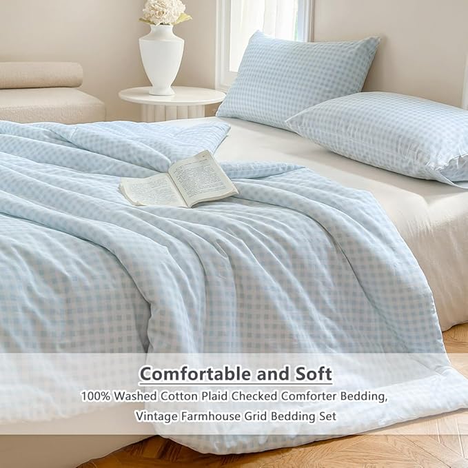 NSNLGSGC Light Blue Gingham Cotton Comforter Set King, 100% Washed Cotton Blue Plaid Checked Comforter Bedding, 3 Pieces Vintage Farmhouse Grid Bedding Set(Light Blue Gingham, King)