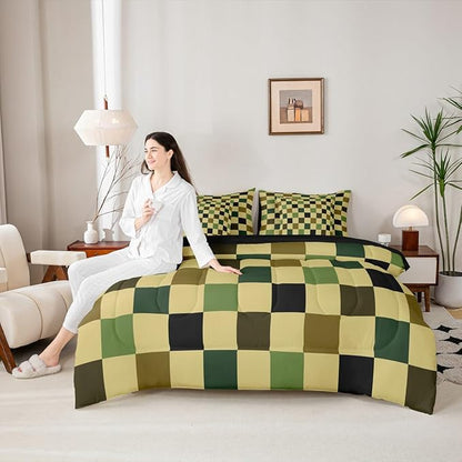 Checkered Retro Comforter Set Twin Size 7 Pieces Hunter Green Plaid Bedding Set for Kids Boys Girls Geometric Camo Army Bed in a Bag Modern Hunting Groovy Aesthetic Bedroom Decor Quilted Lightweight
