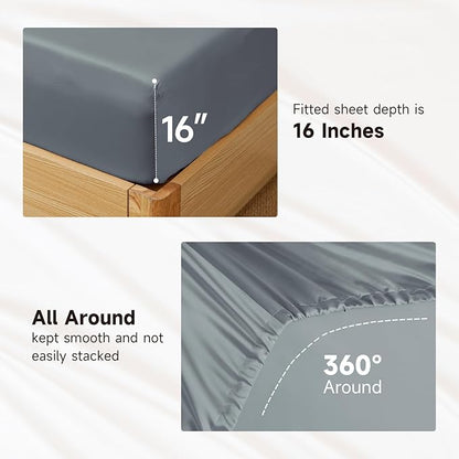 THXSILK Luxury Mulberry Silk Bed Sheets Set - 4pcs Silk Sheets Set 16" Deep Pocket - 1 Fitted Sheet, 1 Flat Sheet, 2 Pillowcases with Zipper Closure - King, Stone Blue