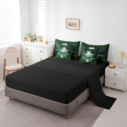 Erosebridal Leaves 7 Pcs Comforter Set Green,Sugar Skull Bed in a Bag with Flat Sheet and Fitted Sheet,Leaves Bedding Set with Pillowcase & Sham,Halloween Top Sheet,Full