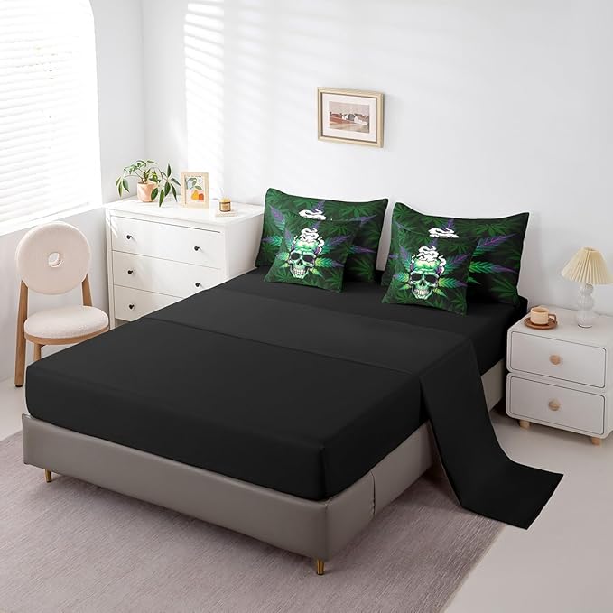Erosebridal Leaves 7 Pcs Comforter Set Green,Sugar Skull Bed in a Bag with Flat Sheet and Fitted Sheet,Leaves Bedding Set with Pillowcase & Sham,Halloween Top Sheet,Queen