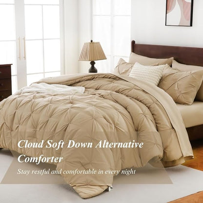 Sheet&Joy King Size Comforter Set, 7-Piece Bed in a Bag, Pintuck Bedding Set for All Season, Includes Comforter, Flat Sheet, Fitted Sheet, Pillowcases and Pillowshams, Khaki