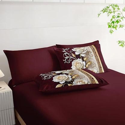 Red and White Floral Comforter Set Queen Size 7 Piece，Rose Queen Bedding Set，(1 Comforter, 1 Flat Sheet, 1 Fitted Sheet, 2 Pillowcase and 2 Pillow Sham)，White Rose Bedroom Decor