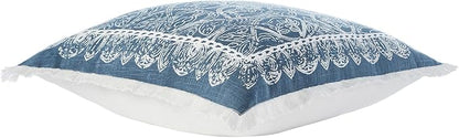 Indigo Ink - Decorative Pillow, Medallion Pillow with Fringe, Throw Pillows for Couch or Bed, Boho Home Decor, 20" x 20" (White Denim Collection, Navy Blue)