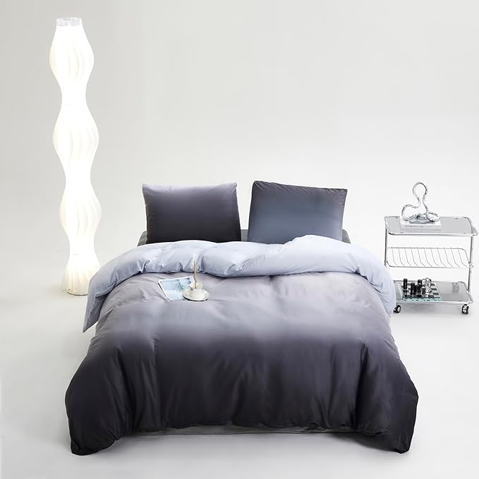 karever Gray White Gradient Comforter Set Queen Gray Velvet Bedding Comforter Modern Plain White and Deep Gray Gradient Soft Quilt Farmhouse Flannel Comforter Warm Queen Bed Comforter