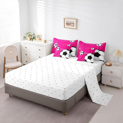 Erosebridal Sports Theme 7 Piece Bedding Set Twin Football Comforter Set with Sheets Boys Football Court Pink White Bed in a Bag Playground Soccer Ball Pattern for Kids Boys Girls