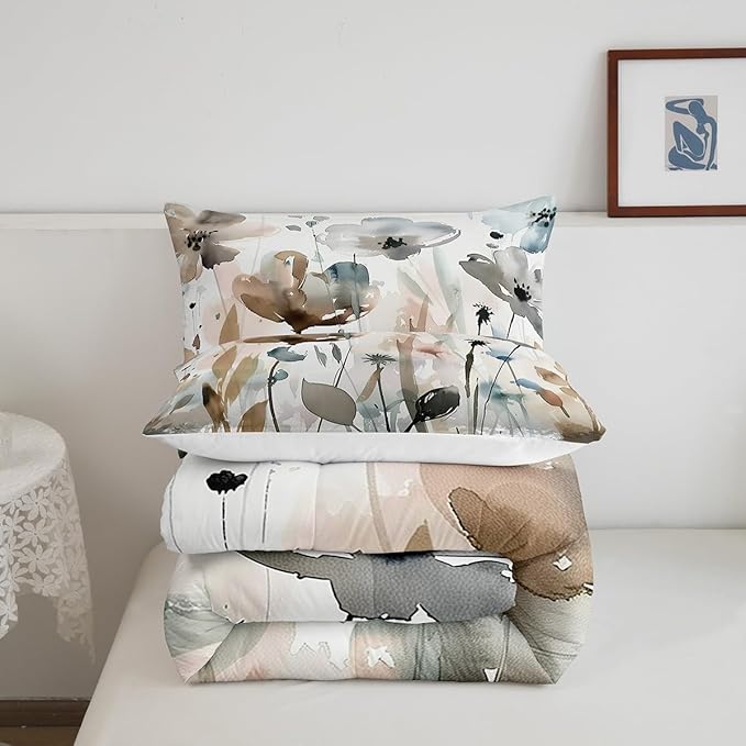 Erosebridal Boho Wildflower Comforter Set Twin Grunge Abstract Floral Bedding Set for Kids Girls Women,Spring Farmhouse Botanical Bedding Comforter Sets Rustic Country Bed Set Brown Blue