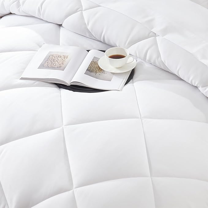 Comforter King Size, 7 Pieces Luxurious All Season Cooling Fluffy Soft Quilted Down Alternative Comforter (102x90 Inch), Box Stitched (White Square, King)