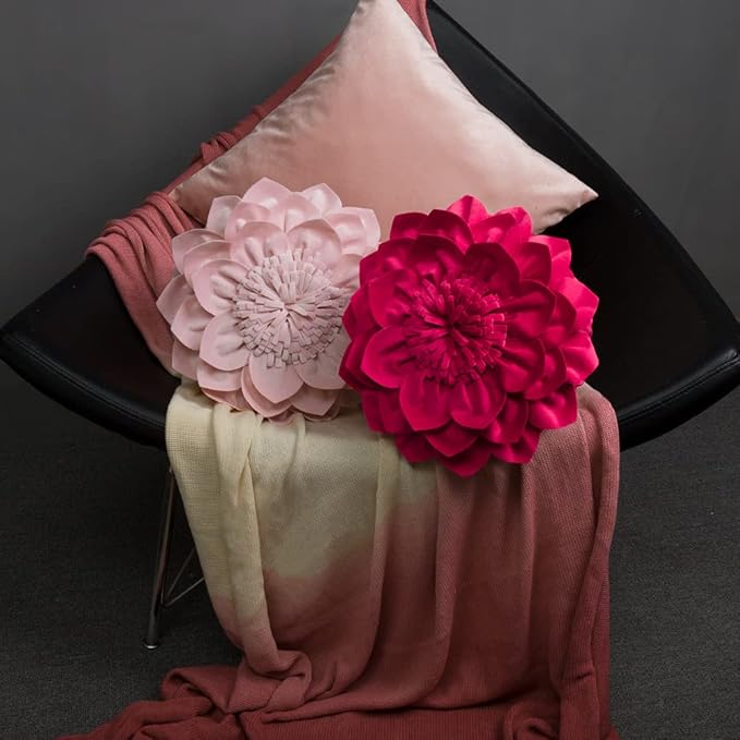 Decorative Throw Pillow 3D Flower Round Pillow Accent Handmade Cushion with Insert for Couch Bed Home Decor 14 inch Rose Red