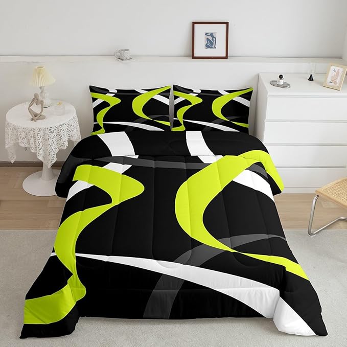 Erosebridal Abstract Black Lime Green Comforter Set Dark Grey White Striped Bedding Set Twin for Kids Boys Teen Men Geometric Swirl Stripes Bedding Comforter Sets Modern Fashion Quilt Duvet