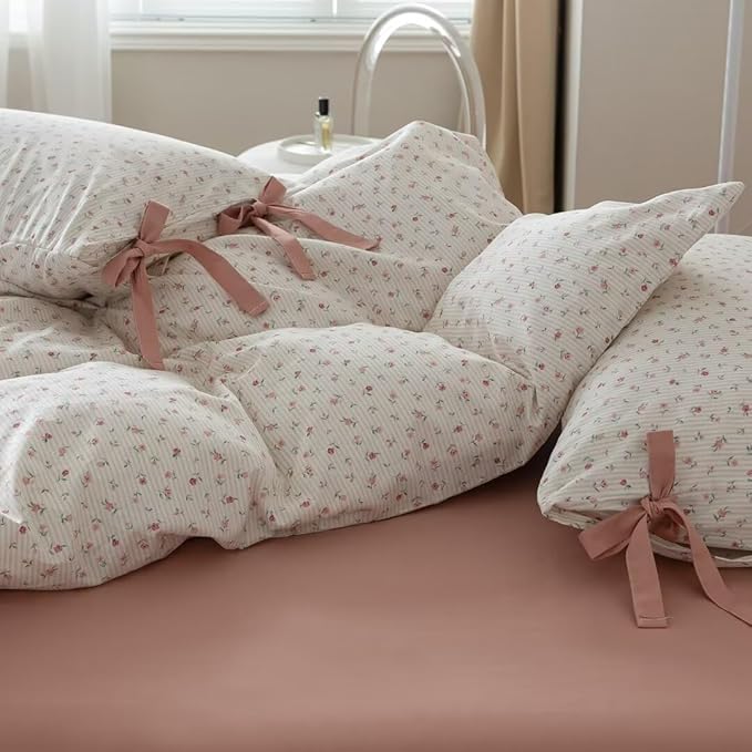 MKXI Pink and White Flowers Comforter Set Full Size Pink Floral Toddler Girl White Print Comforter Soft and Fluffy Pink Stripes Comforter Garden Comforter Set Aesthetic Bedding