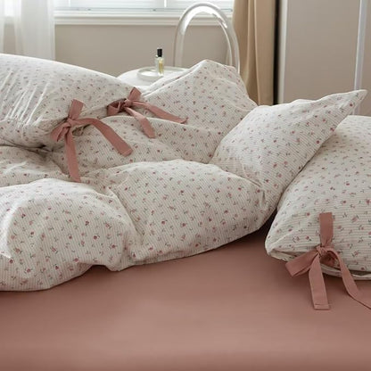 MKXI Pink and White Flowers Comforter Set Full Size Pink Floral Toddler Girl White Print Comforter Soft and Fluffy Pink Stripes Comforter Garden Comforter Set Aesthetic Bedding