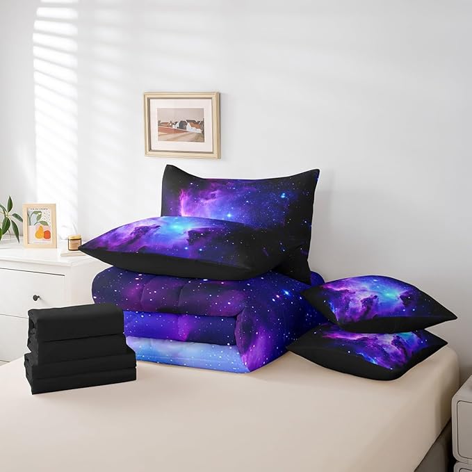 Feelyou Galaxy Comforter Set King Size 7 Pcs Girls Universe Outer Space Comforter Bed in a Bag Kids Purple Blue Starry Sky Bedding Set for Boys Bed Set with Sheets, Pillowcases, Pillow Covers