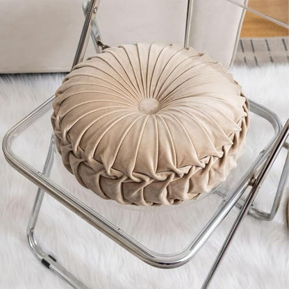 MOCOFO Round Velvet Throw Pillow, Pumpkin Shape Decorative Floor Cushion, Handcrafted Pleated Design, 14 and 16 Inch Diameter, Multiple Colors, Polyester Fill (Camel, 14")