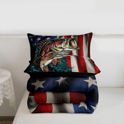 American Flag Bass Fishing Twin Bedding Set for Boys Girls - Fisherman Comforter USA Flag Duvet Insert Big Pike Fish Lures Hook Hunting Decor Quilt Farmhouse Decor