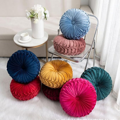 MOCOFO Round Velvet Throw Pillow, Pumpkin Shape Decorative Floor Cushion, Handcrafted Pleated Design, 14 and 16 Inch Diameter, Multiple Colors, Polyester Fill (Light Grey, 16")