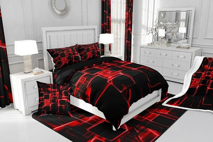 Erosebridal Fire Red and Black Kids Comforter Set King, Modern Geometric Square Bedding for Boys Girls Gradient Neon Light Honeycomb Duvet Set Soft Microfiber Quilt with 2 Pillowcases