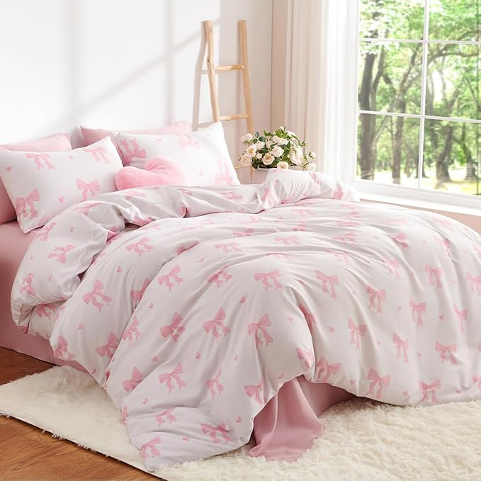 Bow Comforter Set Full 3 Pieces Light Pink Heart Bedding Set for Girls Kids,Cute Princess Style Bedding, Super Soft Microfiber Comforter with 2 Pillowcases