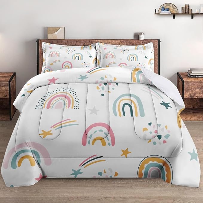 Full Size Comforter Set with 2 Pillowcases, Boho Rainbow Kids Cute Nursery Sweet Soft 3 Pcs Bedding for Kids and Adults Bedroom Bed Decor