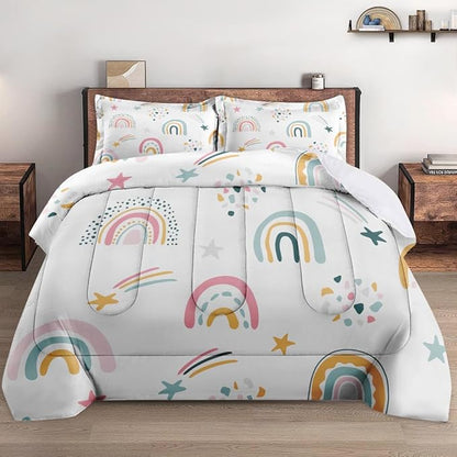 Full Size Comforter Set with 2 Pillowcases, Boho Rainbow Kids Cute Nursery Sweet Soft 3 Pcs Bedding for Kids and Adults Bedroom Bed Decor