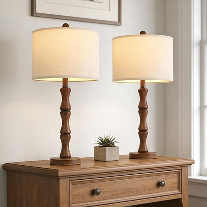 BOBOMOMO 25" Rustic Table Lamps Set of 2, Farmhouse Nightstand Lamps with Wood Grain Resin Base & Linen Shade, Standard Table Lamps for Bedroom, Living Room, End Table & House Décor
