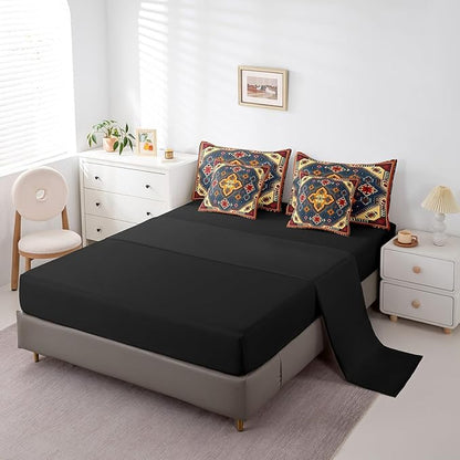 Erosebridal Vintage Bed in a Bag 7pcs Art Deco Bedding Set, Black Oriental Medallion Twin Size Comforter Set Himalayas Bohemian Bedding Comforter Sets, Boho Turkish Bed Set Lightweight Soft