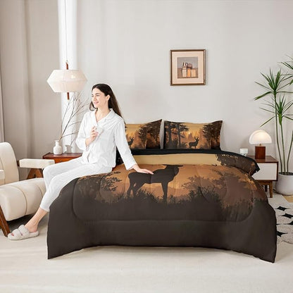 Erosebridal Woodland Deer Comforter Set King Size for Kids Boys Girls - 7 Pieces Hunting Antler Moose Bedding Set with Sheets Country Rustic Farmhouse Quilt Set Wild Animal Bed in A Bag