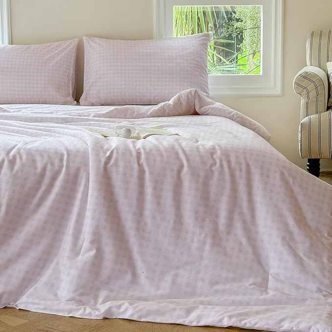 NSNLGSGC Pink Gingham Cotton Comforter Set Twin, 100% Washed Cotton Plaid Checked Comforter Bedding, 2 Pieces Vintage Farmhouse Grid Bedding Set(Pink Gingham, Twin)