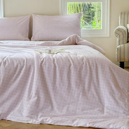 NSNLGSGC Pink Gingham Cotton Comforter Set Queen, 100% Washed Cotton Plaid Checked Comforter Bedding, 3 Pieces Vintage Farmhouse Grid Bedding Set(Pink Gingham, Queen)