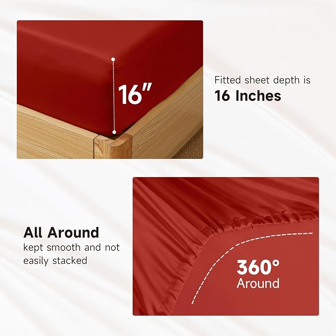 THXSILK Luxury Mulberry Silk Bed Sheets Set - 3pcs Silk Sheets Set 16" Deep Pocket - 1 Fitted Sheet, 1 Flat Sheet, 1 Pillowcase with Zipper Closure - Twin-XL, Red/Crimson