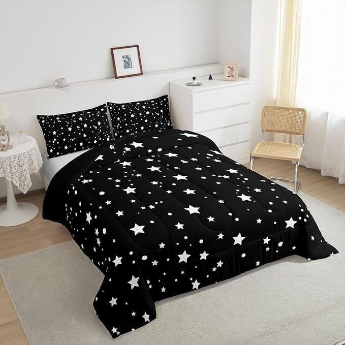 Starry Sky Comforter Set Queen Size Galaxy Star Bedding Set for Kids Boys Girls, Outer Space Down Comforter, Black and White Geometric Polka Dots Quilt Set Warm Soft Bedroom Decor 2 Pillow Cases