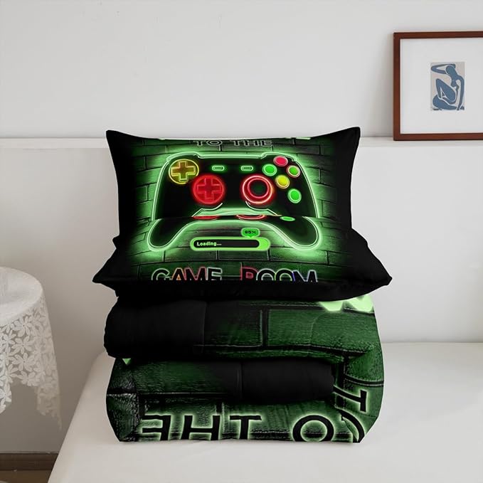 jejeloiu Green Gamer Gaming Bedding Set Twin Size for Boys Game Console Comforter Set Kids Teens Neon Light Duvet Set Cool Game Room Decor Quilt Set 2Pcs