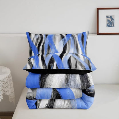 Erosebridal Geometric Stripes Comforter Queen Modern Abstract Comforter Set Grey Black Blue Bedding Set for Kids Boys Girls Teen Swirl Lines Quilt Duvet Room Decor 3 Pcs