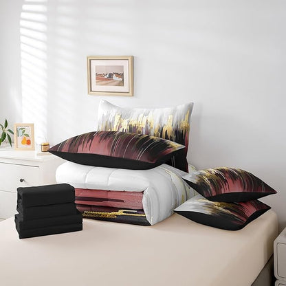 Burgundy Red Bed in a Bag 7-Piece Gradient Stripe Bedding Set Modern Oil Painting Graffiti Twin Size Comforter Set Watercolor Abstract Artwork Bedding Comforter Sets, Aesthetic Metallic Golden Bed Set